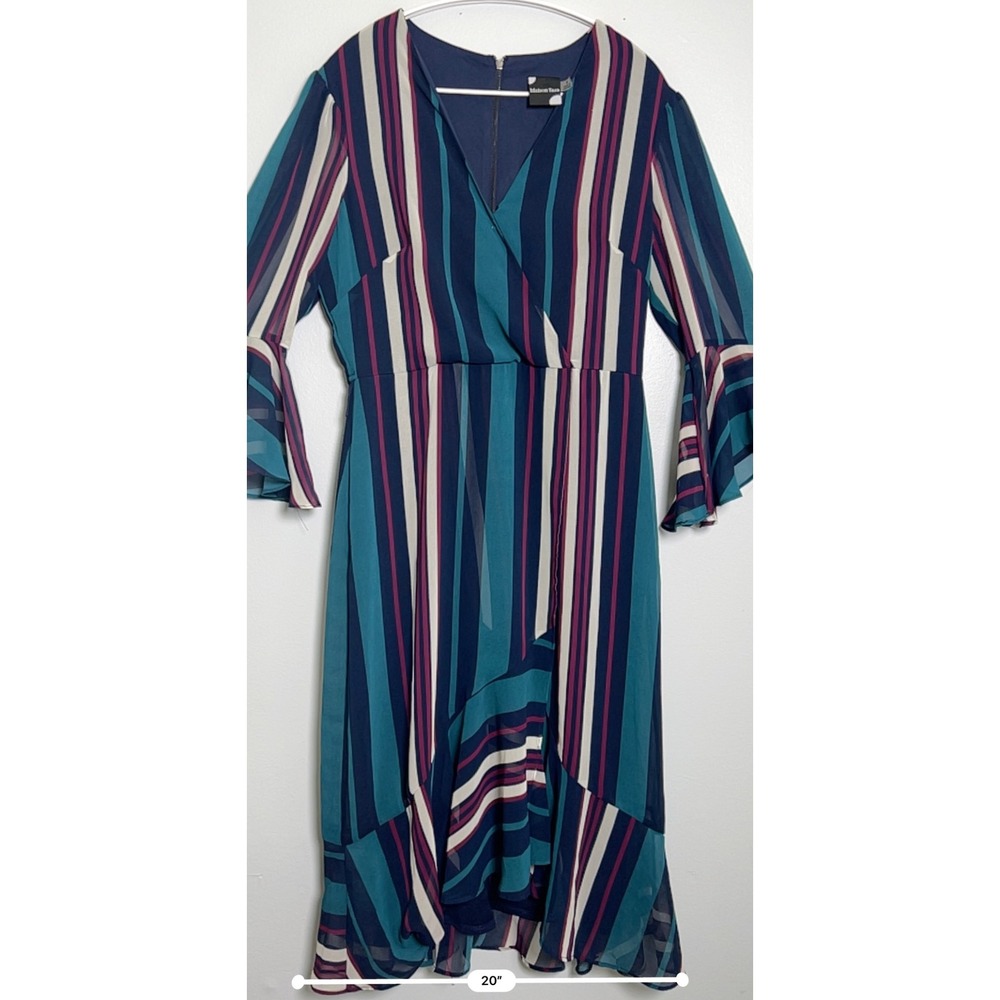 Maison Tara Womens Striped Faux Wrap Midi Dress Teal Navy Bell Sleeve Size 8 - Picture 6 of 11